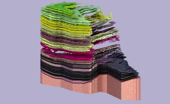 Multiple colour-coded layers of the geology of southern Ontario are shown separately, stacked on top of each other, from the surface all the way down to the Precambrian Shield at the base.